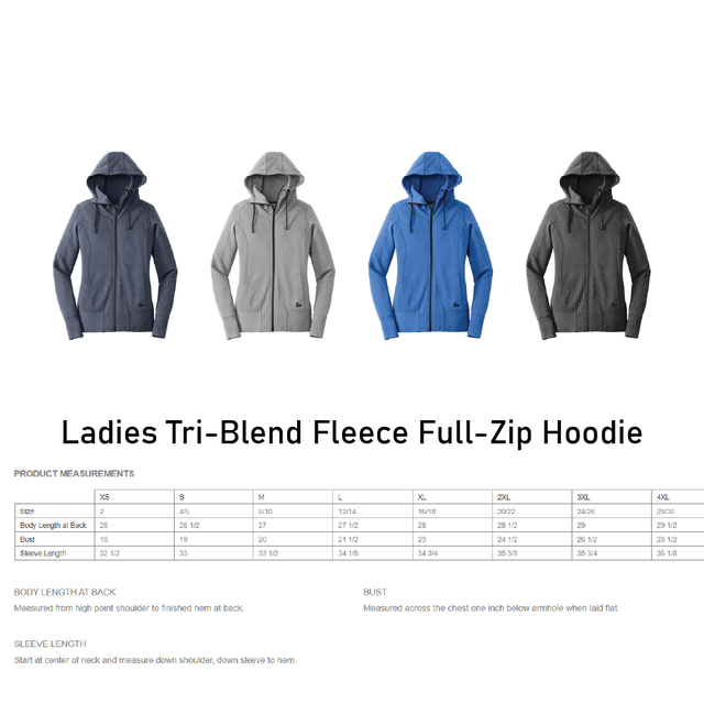 Size Chart for New Era LNEA511 Women Full Zip Hoodie 